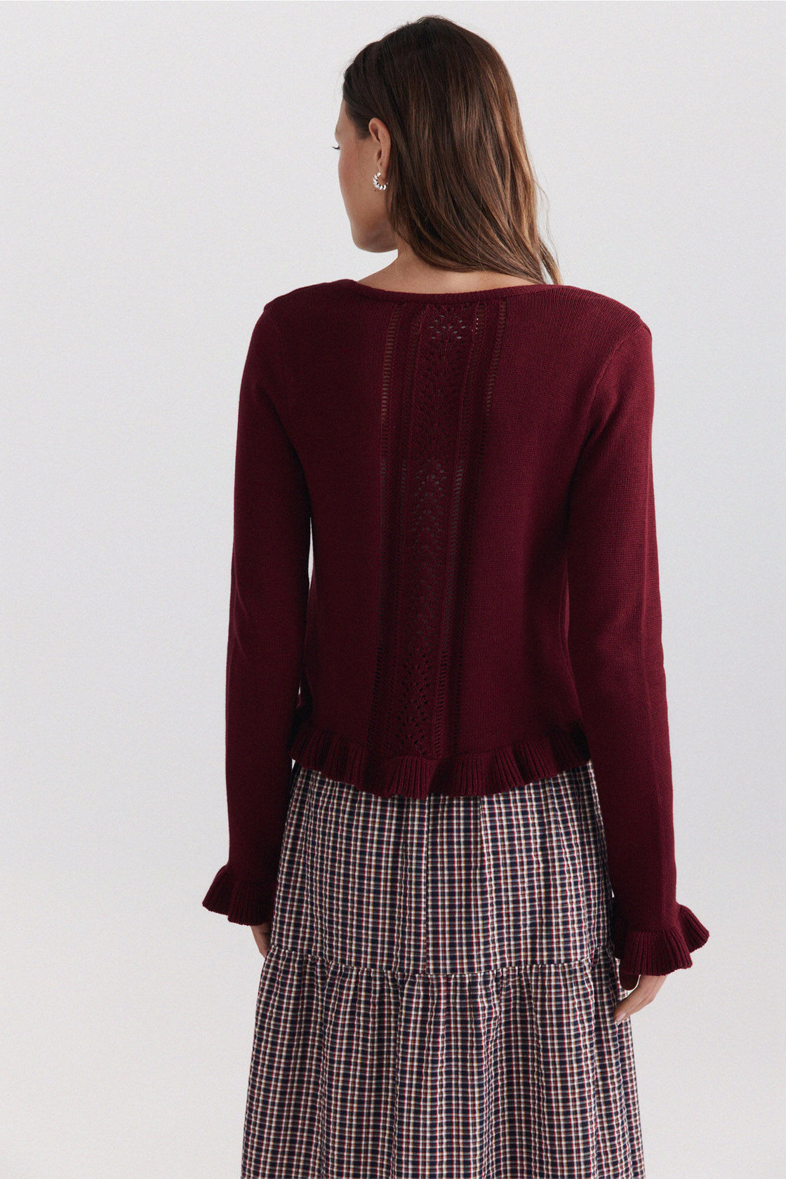 W V NECK POINTELLE AND RUFFLE CARDIGAN
