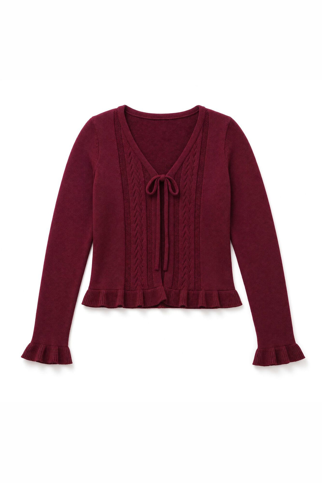 W V NECK POINTELLE AND RUFFLE CARDIGAN