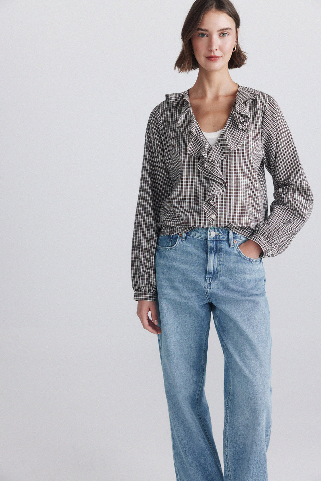 W CHECKED RUFLFE L/S BLOUSE