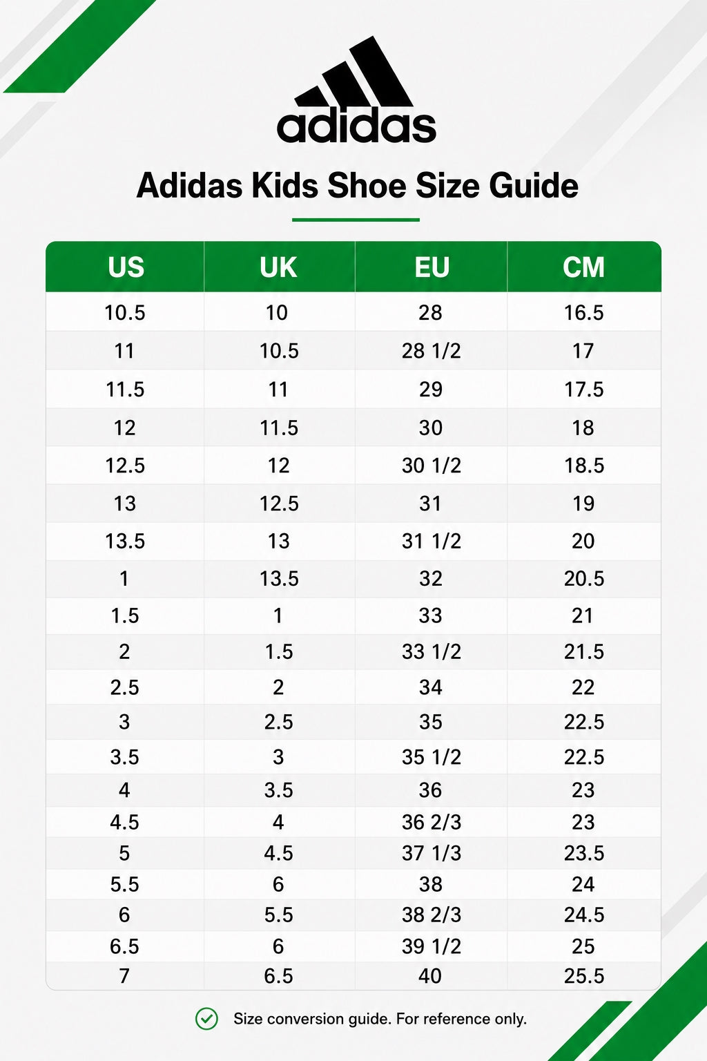 Adidas kids footwear size guide