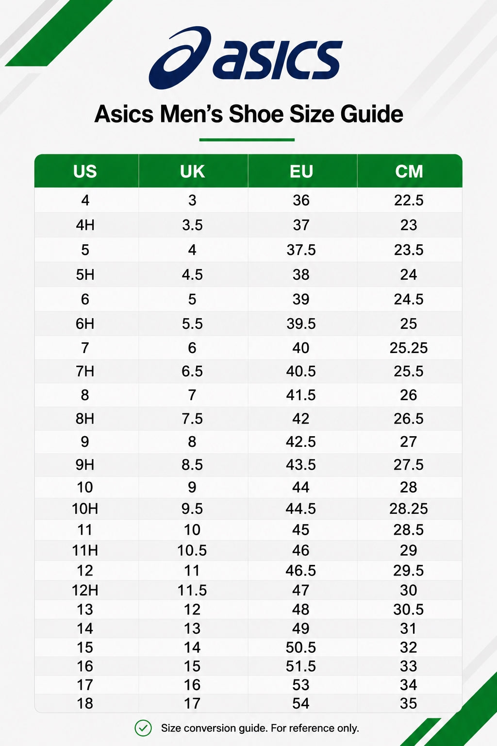ASICS men footwear size guide