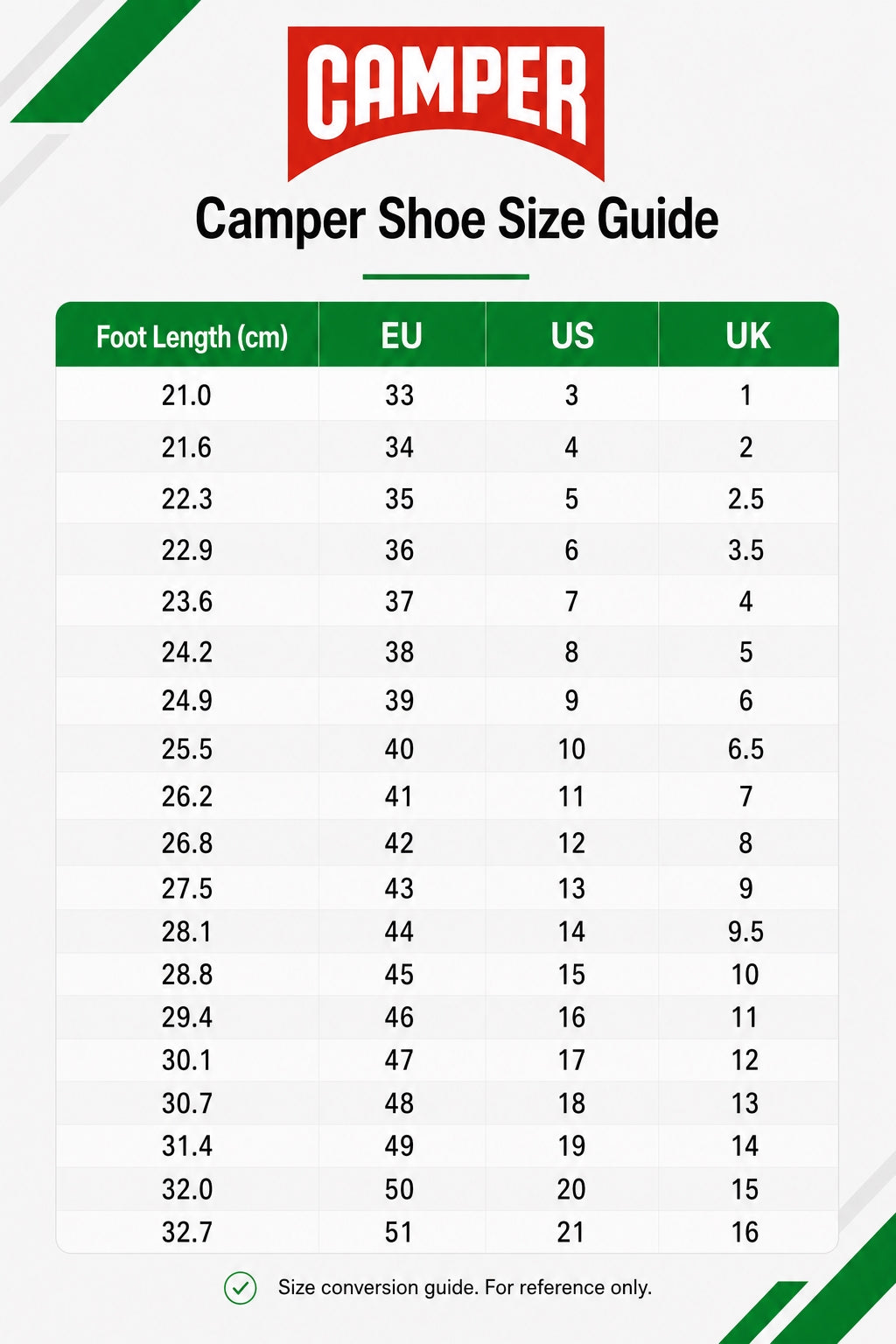 Camper footwear size guide