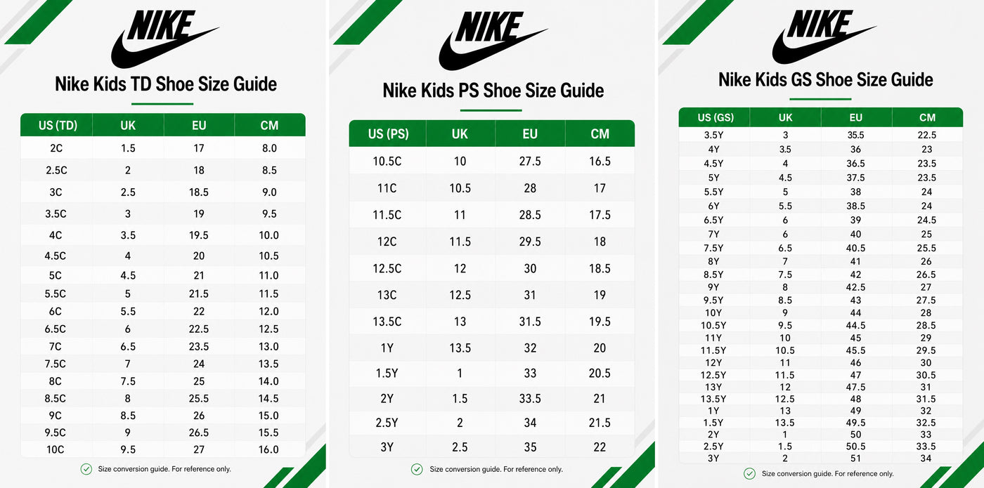 Nike kids footwear size guide