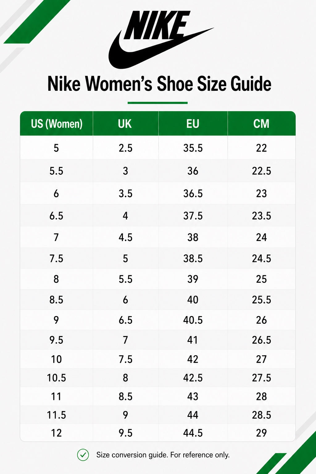 Nike women footwear size guide