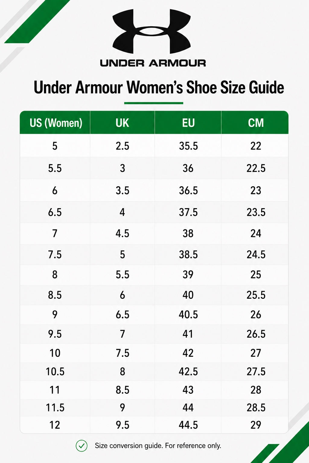 Under Armour women footwear size guide