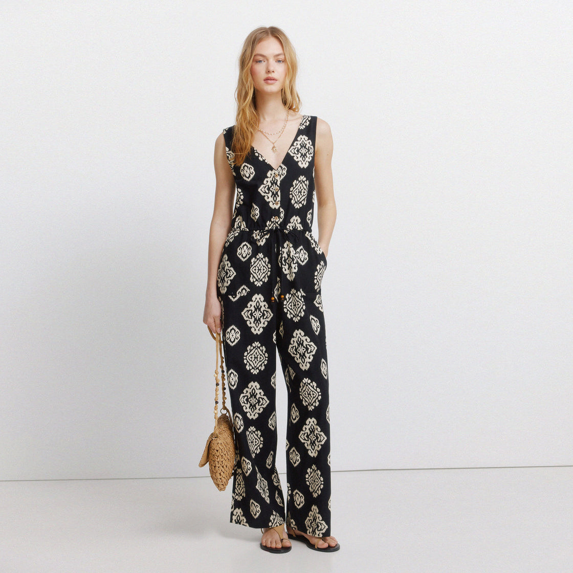 W SLEEVELESS POCKET LINEN JUMPSUIT
