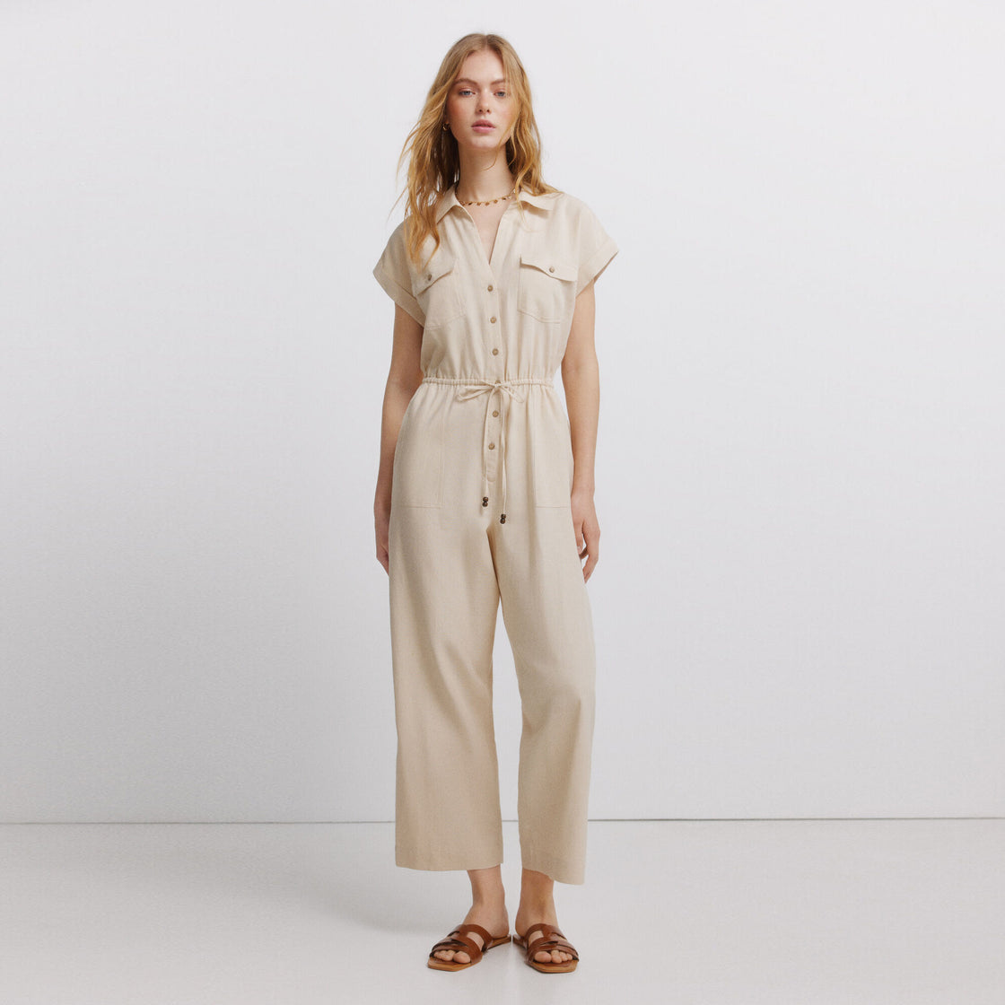 W SLEEVELESS POCKET LINEN JUMPSUIT